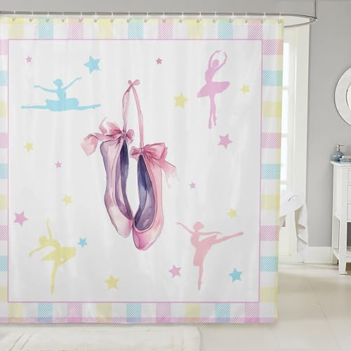 Decorative Pink Ballet Shoes Shower Curtain Waterproof Polyester Fabric,Ballerina Girl Bath Curtain Home Bathroom Decor Hanging Curtain with Hooks 72 x 78 Inch,Machine Washable