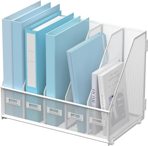 SUPTIDY Organiseur de bureau en métal avec 5 compartiments verticaux pour bureau, blanc