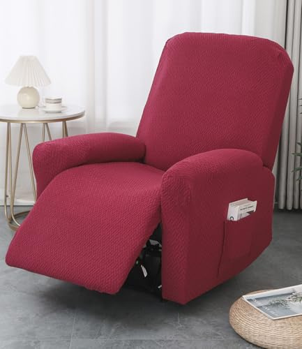 Hearda Copripoltrona Relax Reclinabile Elettrica Universale, Rosso Jacquard Fodere per Poltrona Relax 1 Posto, Elasticizzato Copridivano Reclinabile con Tasca Rimovibile