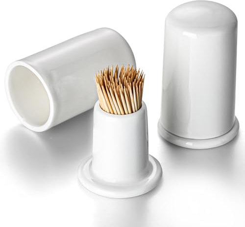 zeeooil Toothpick Holders Set of 2 Ceramic Toothpick Container with Lid (White)