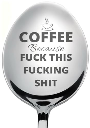 Coffee Because This - Funny Coffee Spoon Gift for him for her Engraved Spoon, Unique Gift for Coffee Lover Grandpa Grandma Mother Father, Silver, 15 cm with Gift Box