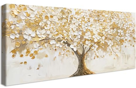 Stampa su tela con cornice Bianco Fiori Oro Foglie Albero Pittura Quadri su tela Autunno Astratto Albero della Vita Quadri Moderni Poster Decorazioni da Parete Soggiorno Camera da Letto 50x120cm