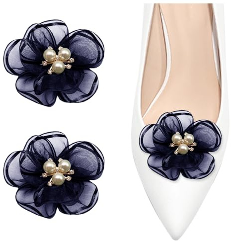 2 Pieces Flower Shoe Clips for Women, Pearl Shoe Charms Clips Elegant Bridal Shoe Buckles Detachable Shoe Accessories Rhinestone Shoes Jewelry Decoration for Wedding Prom Party High Heels (Navy Blue)