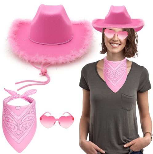 SGFNXB Pink Cowboy Hat, Cowboy Hat Women, 3 Pcs Cowgirl Hat and Hair Band with Pink Bandana and Glasses, for Bachelorette Parties, Country Concerts, Rodeo Costum Halloween (Pink 1)
