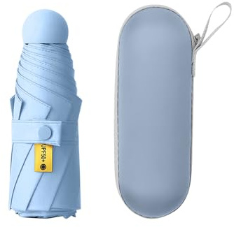 Hinapan 1 mini paraguas de viaje, paraguas pequeño con funda de cápsula, bolsillos, paraguas ligero portátil, protección UV, para mujeres, hombres, niños, azul