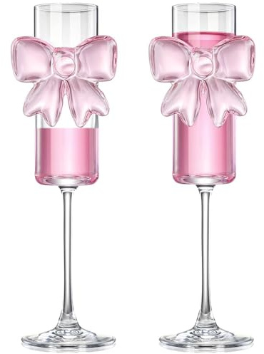 HNJZX 2 Pack Coquette Glass Cups Pink Bow Champagne Clear Glasses Wine Cocktails Glassware for Home Bar Wedding Bridal Bachelorette Party