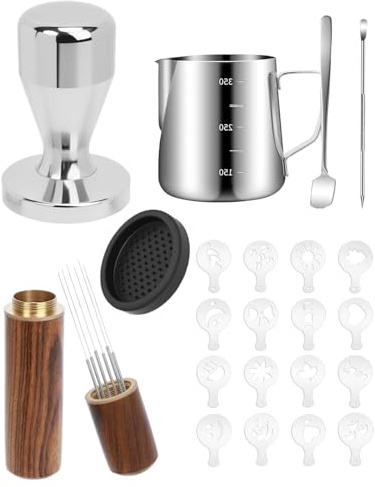 ZaKaBox 51mm Coffee Tamper Set – Coffee Machine Accessories Kit with 350ml Milk Pitcher, WDT Tool, Latte Art Tools, 51mm Tamper, Silicone Mat & Puck Screen Option