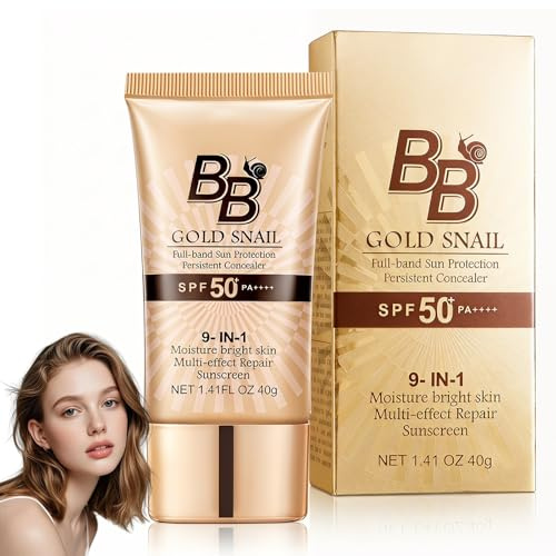 BB Cream 9 en 1 SPF 50+, CC Cream con Caracol Dorado, Base Maquillaje, Corrector y Protección Solar para Tono Uniforme, Control de Aceite, Resistente al Agua, Todo Tipo de Piel, Tono Natural,40g