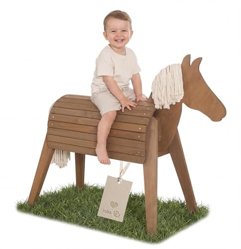 roba Cavallo da esterno in legno massello - In legno resistente alle intemperie e sostenibile per il giardino - Cavallo da volteggio per cavalcare, arrampicarsi e fare ginnastica - Verniciato teak