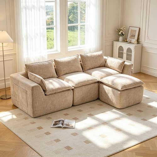 Wyibwy Divano modulare angolare a L con portabicchieri e 2 tasche laterali,divano a 3 posti con 1 pouf,imbottitura in schiuma e molle, divani a compressione,divano componibile in ciniglia,cachi