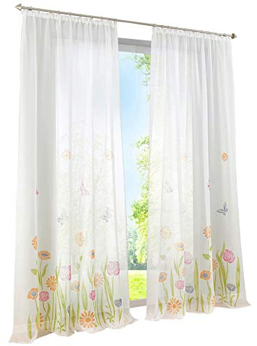 BAILEY JO 1er-Pack Gardine Kräuselband Floral Vorhänge Mit Blumen Schmetterling Transparent Voile Vorhang (grün, BxH 150x225cm)