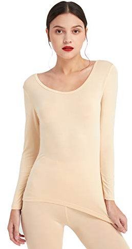 Mcilia Damen Ultradünnes Thermo-Basisschicht Oberhemd aus Modal mit tiefem Rundhalsausschnitt Beige Medium (EU 40 42)