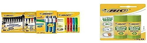 Bic Ballpoint pen, Colouring pen, 4 Colours, Highlighters and Black 21g Ecolutions Glue Stick