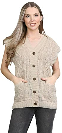 LUXE DIVA Womens Sleeveless Cable Knitted Grandad Cardigan Ladies 5 Button Casual Winter Sweater Waistcoat Top Stone