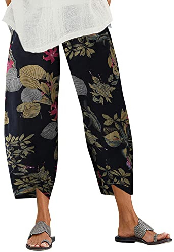 ZANZEA Women's Casual Harem Trousers Summer Boho Retro Print Cotton Cropped Pants Loose Fit Hippie Elasticated Waist with Pockets Lounge Yoga Pants Beach TrousersBeta Navy BlueM