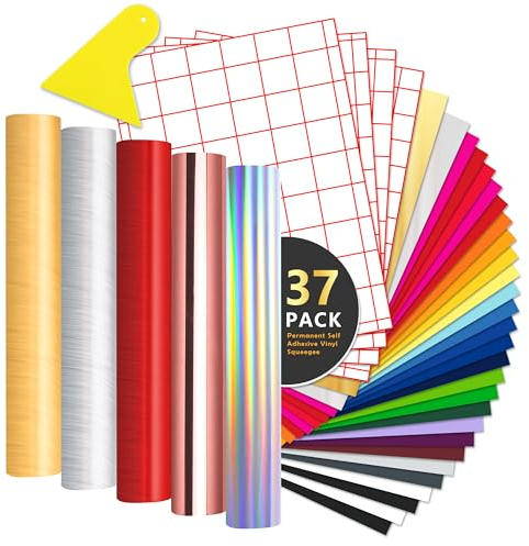 37 Pack Vinylfolie Plotter - Permanent Selbstklebende Vinylfolie 20 cm * 30,5 cm - Transferfolie, Plotter Werkzeuge Rakeln、Gebürstetem Metall Farb für Partydekoration, Kunsthandwerk, Autoaußenseite