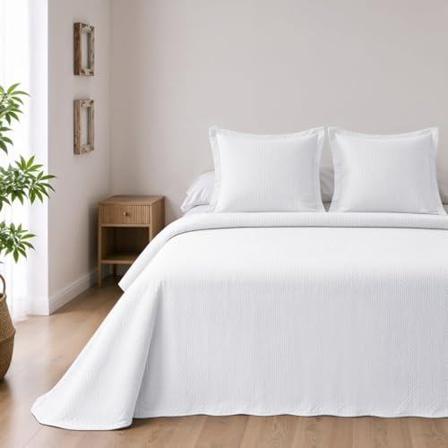 BOHEME Copriletto reversibile in microfibra bianca per letto da 150 cm + 2 federe per cuscino, 250 x 270 cm, leggero e traspirante, ideale per il tempo libero