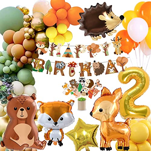 Födelsedagsdekoration med djungeltema för 2-årskalas, för 2-åriga pojkar och flickor, barnkalas, dekoration med skogsdjur, djungelballonger, Happy Birthday-dekoration för födelsedag,