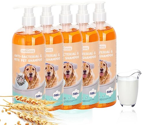 Nobleza 5 x 500ML Champú para Perros y Gatos de Agua con Citronela Hipoalergénico,Calma Champú Repelente Antipulgas E Insectos con Fragancia de Leche y Avena 2.5L
