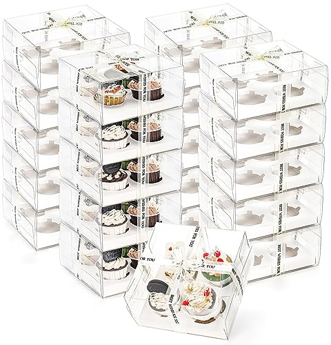 Cedilis 20 Pack Clear Cupcake Boxes with Gift Ribbon, 4 Count Plastic Cupcake Containers, Cupcake Carrier Holder for Treat Dessert Cookies Muffins Pastry Baby Shower Party