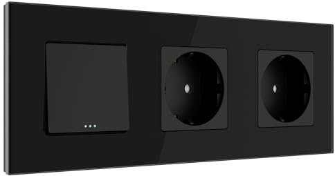 PULSAR Steckdose x2 mit Lichtschalter Unterputz Schwarz Glas, Kombination 3-Fach aus Schalter und Doppel Steckdose 16A mit 4mm Glasrahmen