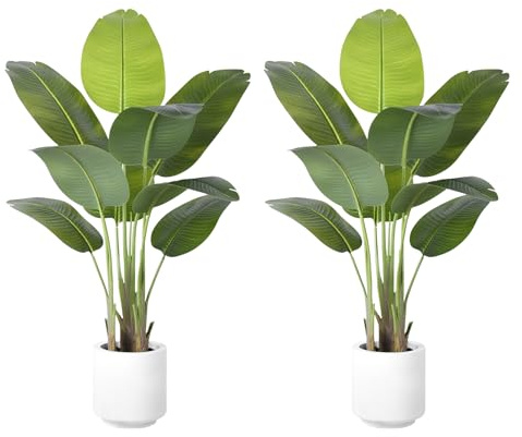 ZEEOZE 2Pcs Artificial Bird of Paradise Plant 120cm Tall Fake Tropical Palm Tree Large Fake Plants with 9 Silk Banana Leaves Faux Plant Indoor Trees with White Pot for Home Bedroom Living Room Decor