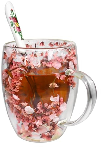 Dried Flowers Double Walled Coffee Glasses Mugs Tea Cup with Spoon 350 ML Insulated Heat Resistant Latte Macchiato Glass Cups for Coffee Tea Milk Juice Ice Cream Dessert Ideal for Hot and Cold Drinks