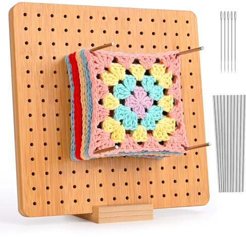 Larkumio Crochet Blocking Board and Pins, 7.9 Inch Granny Square Blocking Board for Crochet with 10 Steel Rod & 5 Knitting Needles, Wooden Peg Boards Blocking Mats for Knitting