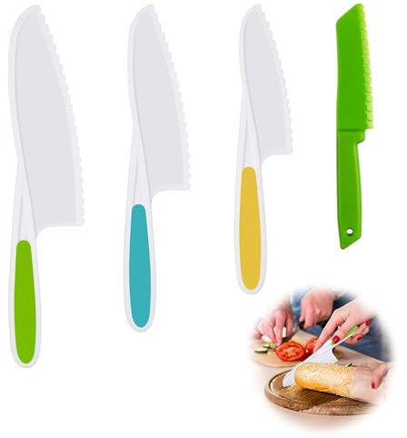 YALiya Set de 4 Couteaux de Cuisine pour Enfant, à Partir de 2 Ans Couteau à Découper, Couteau Enfant en Plastique, pour Découper les Fruits et Légumes à Cuire Gâteaux(Herbe Cyan Jaune Vert)