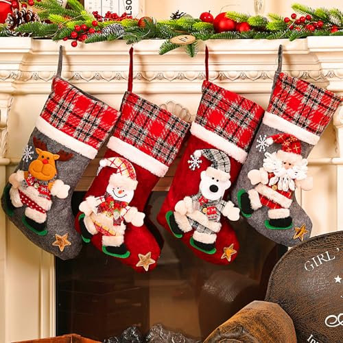 Weihnachtsstrumpf Groß,Weihnachtsstrumpf Set,Nikolausstiefel Socken,Weihnachtsstrumpf Geschenktüte für Kinder Familien Weihnachtsfeier Dekor mit Weihnachtsmann, Schneemann, Rentier, Bärchen