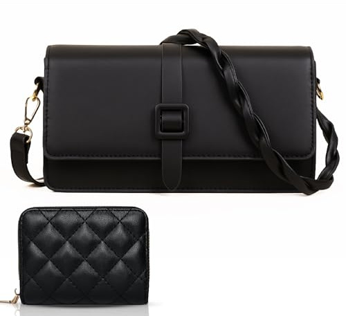 sea tear – Bolso mujer bandolera pequeño negro con cartera a juego | diseño elegante y moderno | doble correa (122 cm cruzada + trenzada 70 cm) | ideal para diario, fiesta, trabajo y viaje