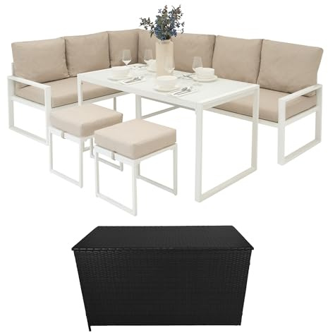 Set da Giardino in Alluminio Bianco con Cassapanca in Rattan Nera – Divano Angolare 7 Posti Tavolo da Pranzo 2 Sgabelli Cuscini Baule 582L con Coperchio a Gas Copertura Impermeabile e Borsa