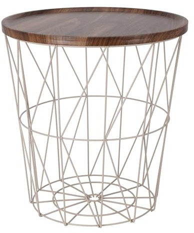 Corbeille d'appoint en métal 39 cm – Crème – Table en osier avec aspect bois – Plateau de table marron – Petite table décorative avec panier de rangement