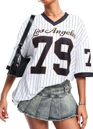 Navneet Damtröja Y2K tröja randig oversize t-shirt sommar baggy lång skjorta kortärmad fotboll streetwear, Svart vit randig, L