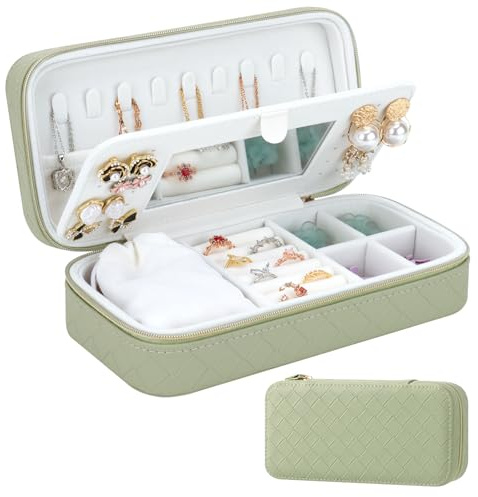 DesignSter Jewellery Box Organiser, Small Portable Travel Jewellery Storage for Women, Woven Embossed PU Jewelry Case with Mirror for Ring Earring Necklace Bracelet, Green