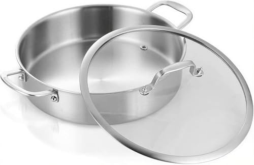 Nontoxicook 28cm 4.4L Tri-Ply Stainless Steel Saute Pan with Glass Lid