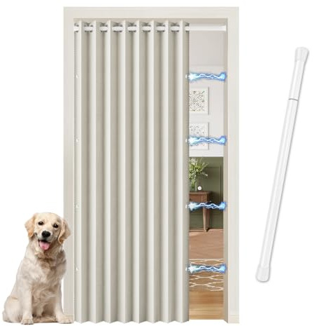 JCyh Cortina Acordeón para Puerta Interior Opaca- Cortina Térmica y Aislante Acústica con Barras Telescópicas - Look Lino para Cocina, Sala de Estar y como Separador de Ambientes, Blanco Natural