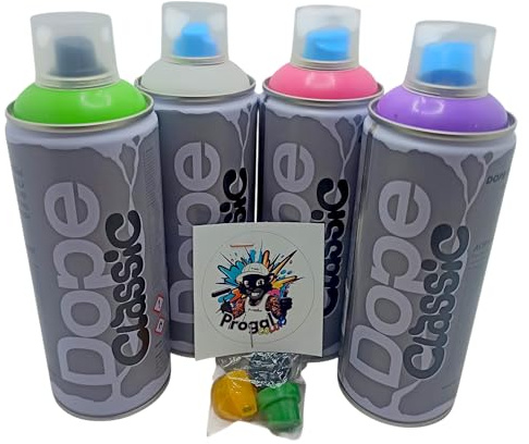 DOPE CLASSIC Lot de 4 aérosols acryliques pour graffiti, 400 ml, basse pression, 4 couleurs (vert, rose, violet, blanc) avec 3 buses de rechange, art urbain