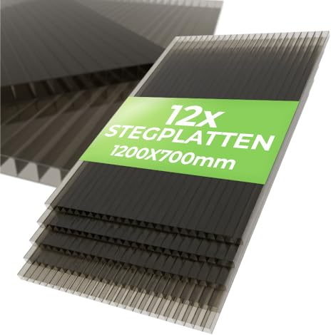 12x Hohlkammerplatten 8mm Polycarbonat 1200x700 mm – Doppelstegplatten Gewächshausplatten, Rauchgrau, UV-beständig, zuschneidbar - PoliGreen®