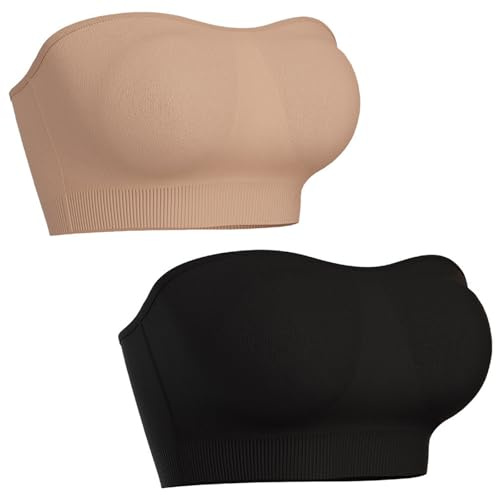 Kideerly 2 PCS Strapless Bras for Women, Ladies Bras Non Wired, Seamless Strapless Bra, with Removable Clear Bra Straps Padded, Bandeau Push Up Bras for Women