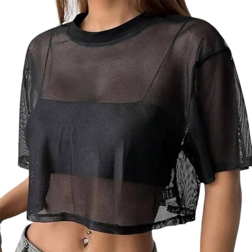 Hiseng Camiseta Transparente Mujer, Camisetas Manga Corta Mujer Crop Holgado, Top de Malla Cuello Redondo Elegante, Top Fiesta Mujers Verano Color Sólido