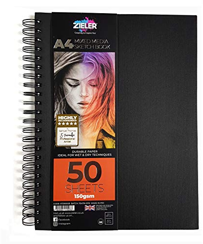 Hardback Spiral Mixed Media Sketch Book – 150gsm 50 Sheets - by Zieler. Ideal for use with Pencils, Charcoal, Graphite, Pastels & Light Watercolour. Perforated & Acid Free Sheets - Portrait (A4)