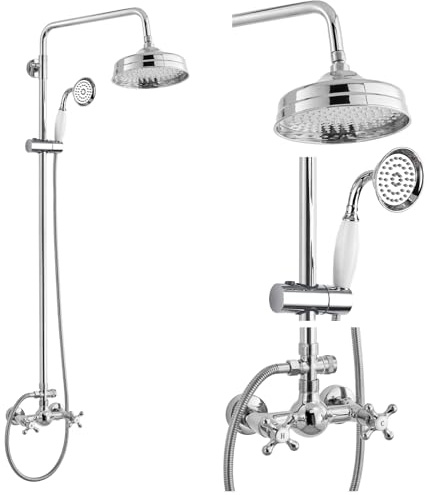 gotonovo Luxury Exposed Shower Faucet Set Bathroom Shower System 8 Inch Wall Mount Rainfall Shower Head with Handheld Spray Cross Double Handle Shower Fixture Adjustable Straight Rod Polish Chrome