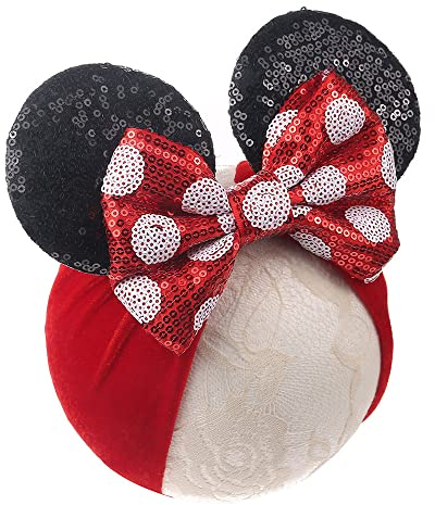 JIAHANG Baby Girl Mouse Ears Headwrap with Sequin Polka Dot Bow, Velvet Turban Hairband, Hair Bow Headband for Toddler, Kids, Party Supplies
