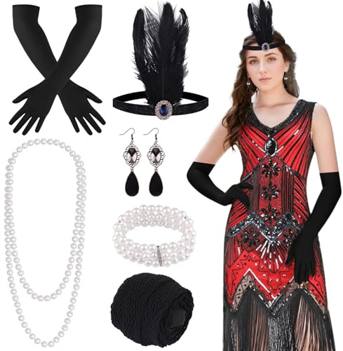 FEPITO Vestidos estilo flapper de los años 20 para mujer, vestido estilo Gran Gatsby con lentejuelas y flecos para mujer con accesorios de los años 20(Rojo (estilo 4),Small)