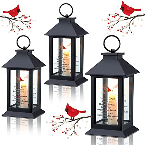 3 Pieces Sympathy Gift Funeral Cardinal Lantern Memorial Gifts Memorial Lantern with Flickering Led Candle Black Bereavement Gifts in Memory of Loved One Gifts for Loss Mom Mother Dad Father Husband