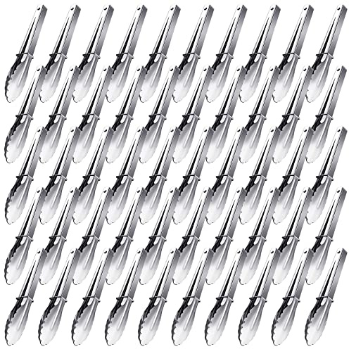 Meanplan 50 Pcs Small Stainless Steel Kitchen Tongs 7 Inch Food Serving Tongs Metal Cooking Clips High Heat Resistant Clips with Sliding Rings for Buffet Food Cooking Salad Grilling, Silver
