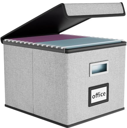 Finew Upgraded Portable File Organiser Box with Lid, Foldable Linen Hanging Filing Storage Boxes with Plastic Slide, Decorative Home/Office Filing System for File and Folders Storage (Grey)