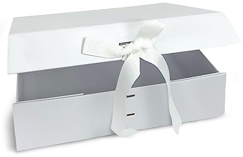 Verpackungswelt Geschenk-Box mit Deckel | 31 x 22 x 10 cm | Magnet-Verschluss & edle Schleife | Hochzeit, Geburt | Geschenk-Verpackung in Weiß