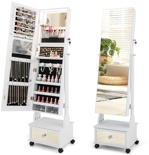 COSTWAY Schmuckschrank mit 3 Spiegeln, Schmuckspiegel verstellbar mit Schublade & Rollen & Leuchten, Spiegelschrank Schmuck abschließbar für Ketten Ohrringe Schminke, 42x35x159cm (Weiß)